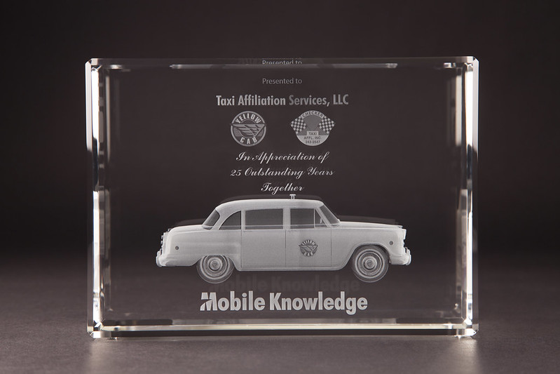 Beveled rectangle 20RB4W subsurface laser engrave of a Taxi inside, Mobile knowledge, Taxi Affiliation Services