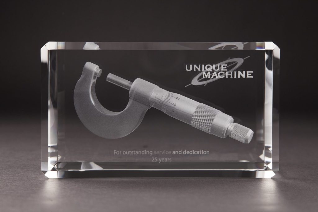 20RB4W, Unique Machine subsurface laser engraved in a beveled rectangle shaped crystal