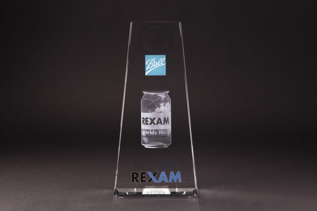 25TLB0W Tapered tower with Rexam can laser engraved in the tower and the logo printed on the surface with MicroResolution UV color print
