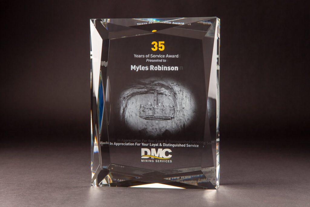 multi-facet rectangles microresolution uv print of DMC mining service, subsurface laser engraving service award