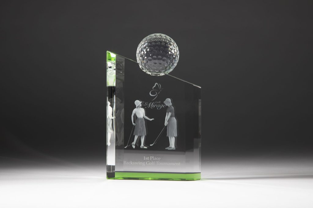 Custom 3D laser engraved crystal golf trophy by Crystal Sensations — premium award for tournaments and corporate events