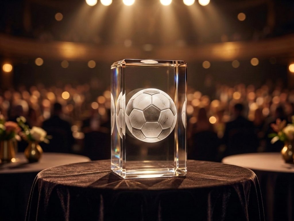 Premium crystal soccer award with a 3D laser-engraved football inside a clear optical crystal block, showcased at a luxury sports awards ceremony with warm spotlighting and an elegant event backdrop.
