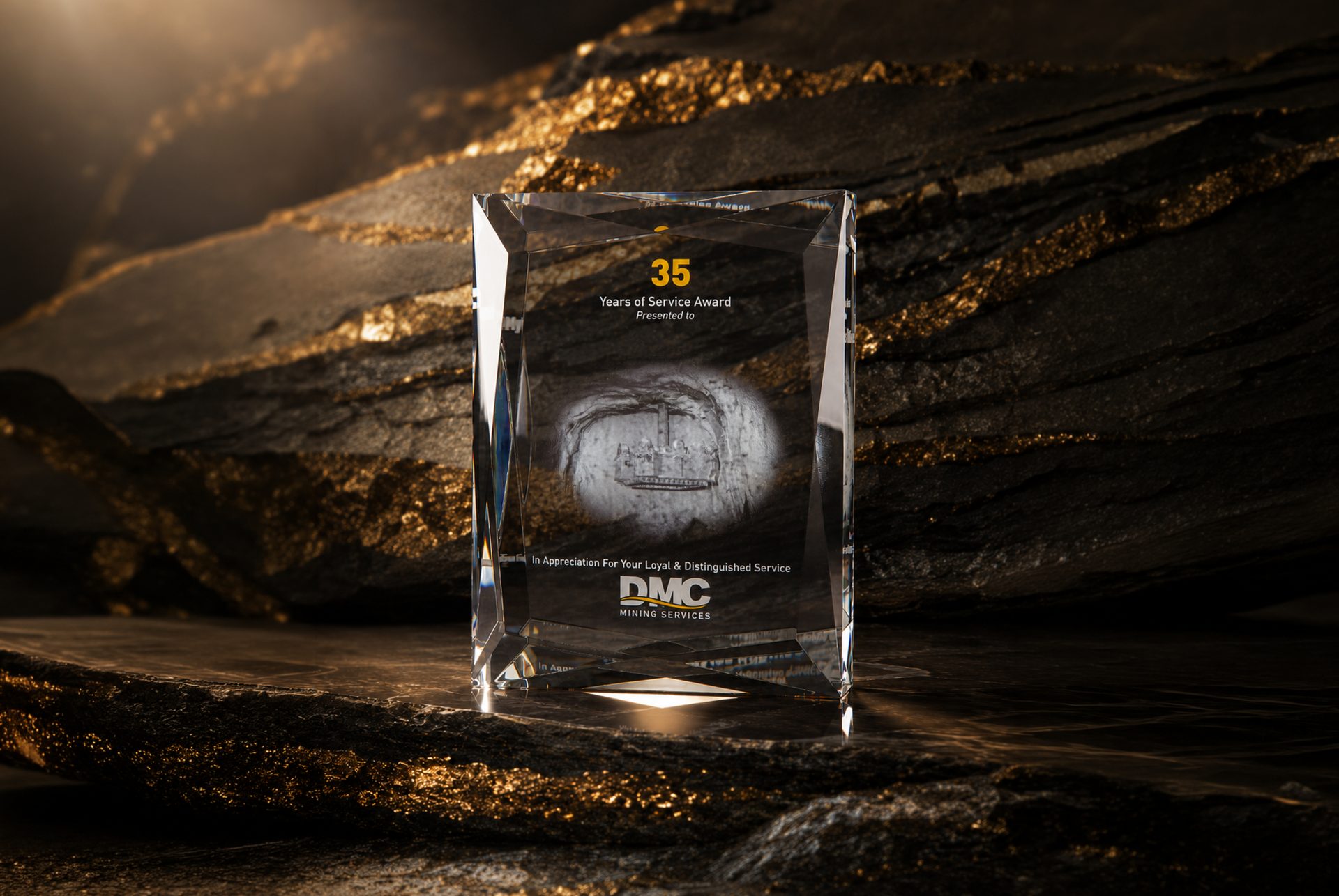 personalized corporate gift rewarding someone who has been worked in the mining industry for 35 years, optical crystal that has the mining imagery (subsurface laser engraving) in the middle, names and company and personalized text are being surface etched and color filled, placed on a earthy environment