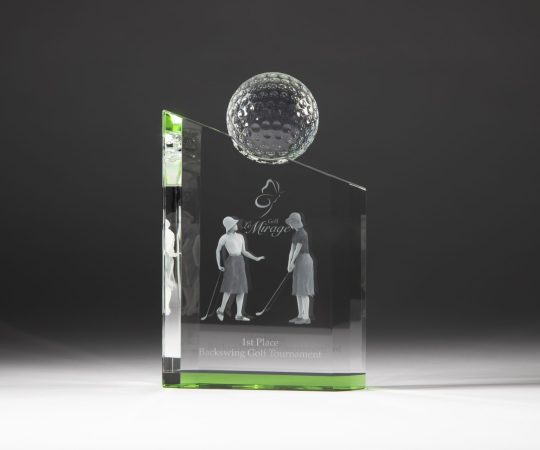 Custom 3D laser engraved crystal golf trophy by Crystal Sensations — premium award for tournaments and corporate events
