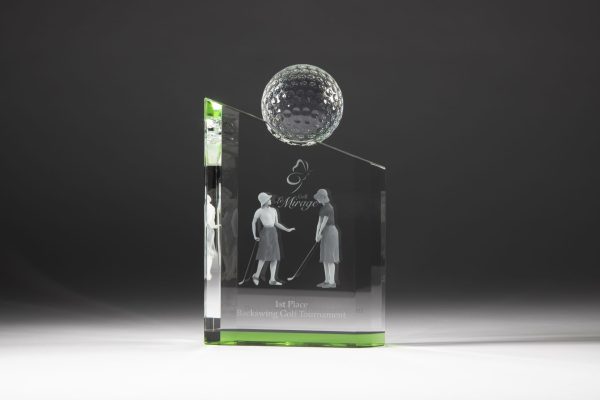 Custom 3D laser engraved crystal golf trophy by Crystal Sensations — premium award for tournaments and corporate events