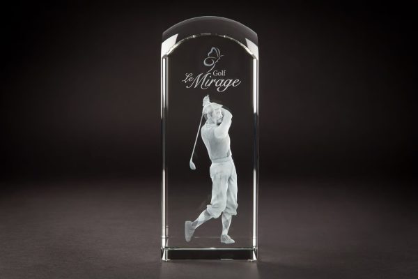 Crystal sensations subsurface laser engraving dome tower for golf trophy - male figure half swing posture being engraved in the middle of crystal dome tower photorealistic rendering