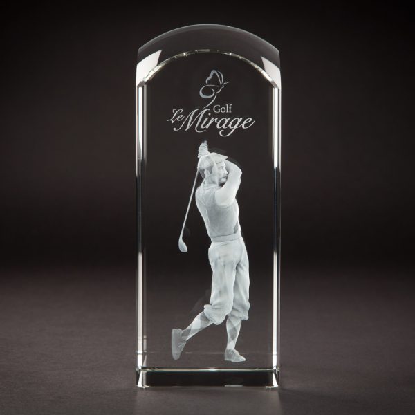Dome tower with golf award subsurface laser engraved in the middle of the crystal,